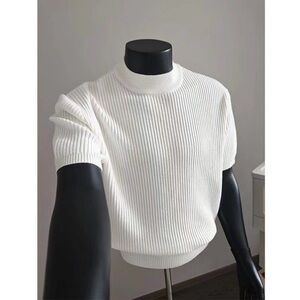 White Ribbed Short Sleeve Sweater